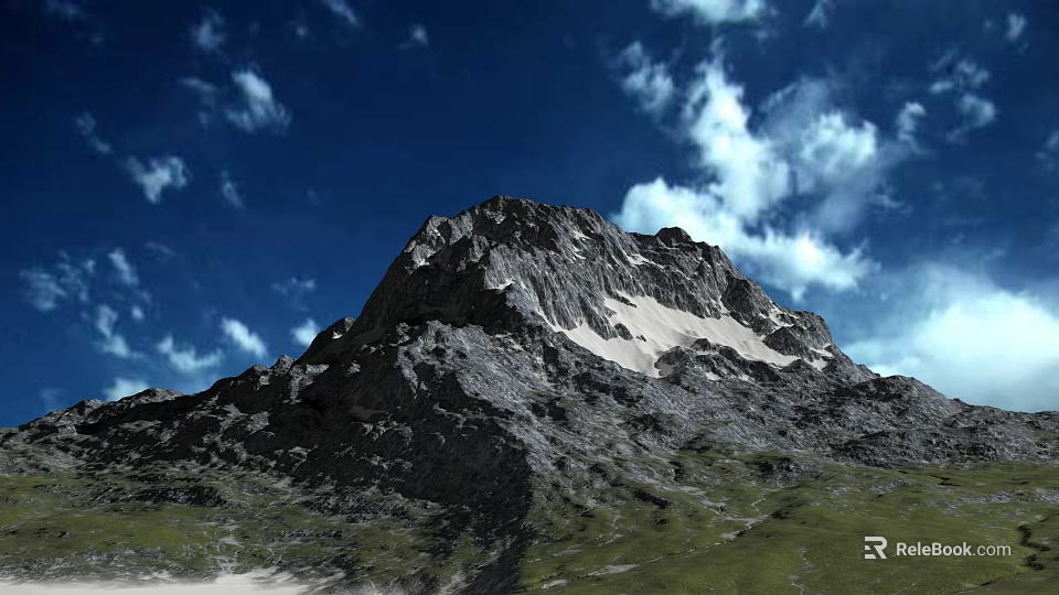 Scenic Mountain Landscape With Snowy Peak Blue Sky And Green Grass 3d model 