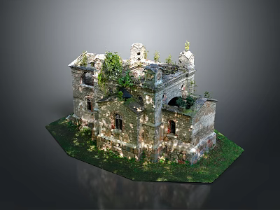 Ruined Abandoned Old Building Structure Overgrown With Lush Vegetation And Green Grass 3d model