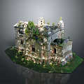 Ruined Abandoned Old Building Structure Overgrown With Lush Vegetation And Green Grass