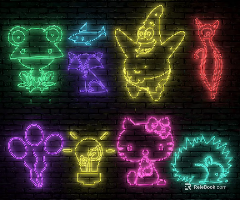 Vibrant Neon Decorative Lights Featuring Various Cartoon Patterns On Brick Wall 3d model