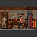 Cartoon Kitchen Scene With Stone Walls Wooden Cabinets Vintage Fridge And Cartoon Characters