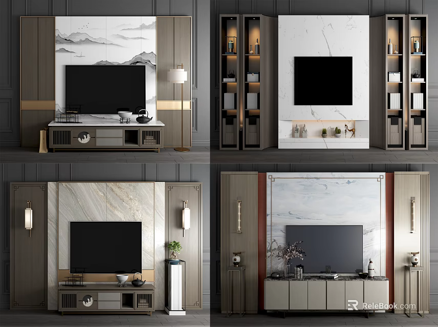 Modern TV Wall Designs With Wooden Cabinets Marble Texture And Decorative Elements 3d model