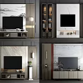 Modern TV Wall Designs With Wooden Cabinets Marble Texture And Decorative Elements 3d model