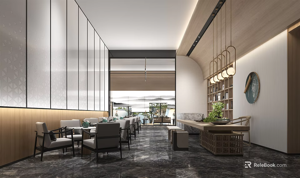 Modern Lounge Area Interior Design With Comfortable Tables Chairs Bookshelves Pendant Lights And Green Plants 3d model 