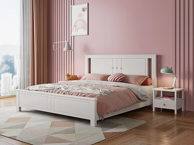 White Kids Bed with Pink Bedding Wooden Nightstand Green Lamp and Pink Striped Wall 3d model
