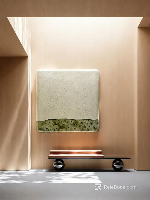 Textured Oil Painting With Light Background Green Bottom on Wooden Wall With Stacked Books Below 3d model 