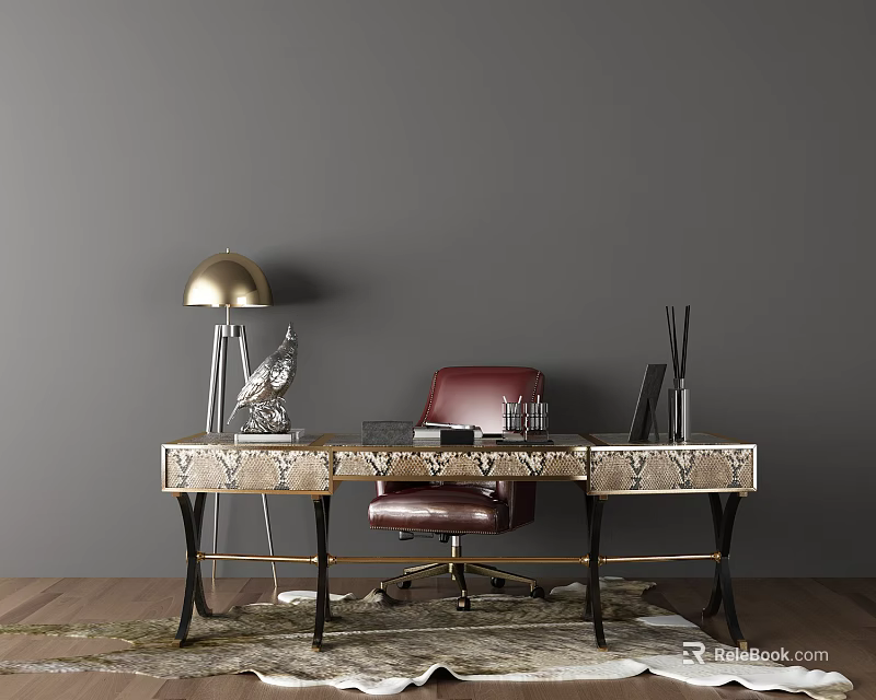 Elegant Modern Office Desk With Red Chair Gold Lamp And Decorative Items 3d model 