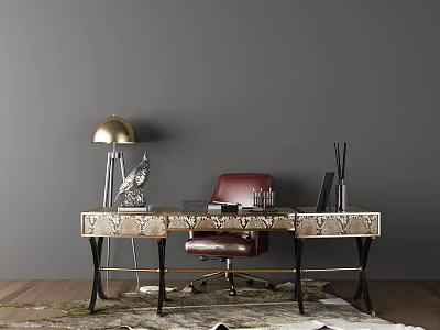 Elegant Modern Office Desk With Red Chair Gold Lamp And Decorative Items 3d model