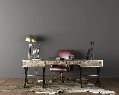 Elegant Modern Office Desk With Red Chair Gold Lamp And Decorative Items 3d model