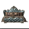 Luxurious Light Blue Tufted Double Bed with Gold Accents and Beige Pillows