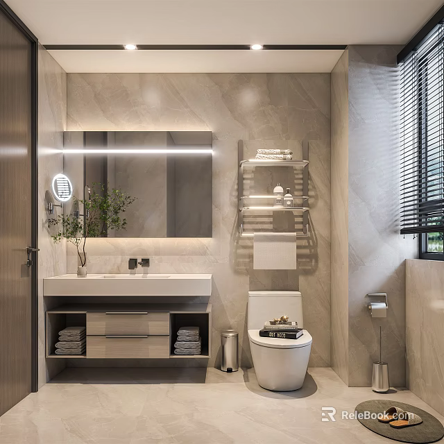 Modern Hotel Bathroom Interior With Large Mirror Marble Walls Vanity Sink And Towel Rack 3d model 
