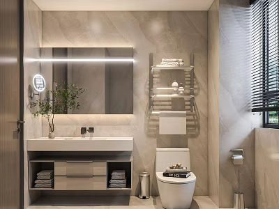 Modern Hotel Bathroom Interior With Large Mirror Marble Walls Vanity Sink And Towel Rack 3d model