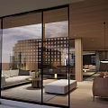 Modern Dining and Living Room Interior with Wooden Ceiling Sofa Set and Large Windows