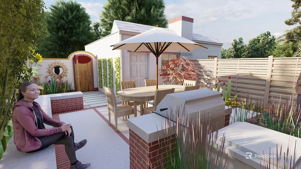 Garden Patio with Outdoor Dining Table Chairs White Parasol Grill and Green Plants 3d model 