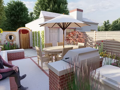 Garden Patio with Outdoor Dining Table Chairs White Parasol Grill and Green Plants 3d model