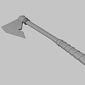Ancient Weapon With Wooden Handle And Metal Head Featuring Intricate Red Black Labyrinth Patterns