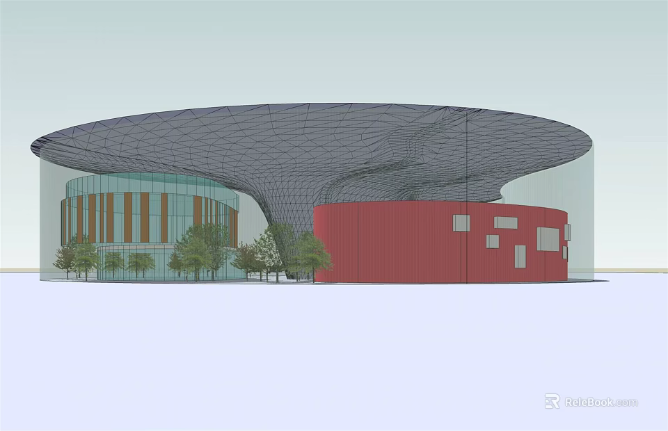 Modern Architectural Building With Canopy Roof Red Structure And Glass Facade 3d model 