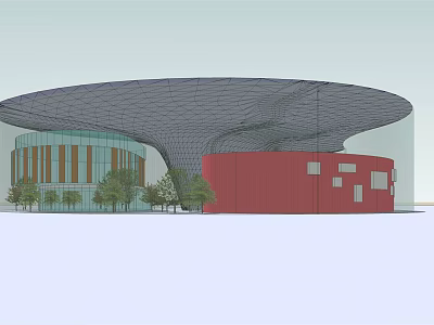 Modern Architectural Building With Canopy Roof Red Structure And Glass Facade 3d model