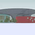 Modern Architectural Building With Canopy Roof Red Structure And Glass Facade