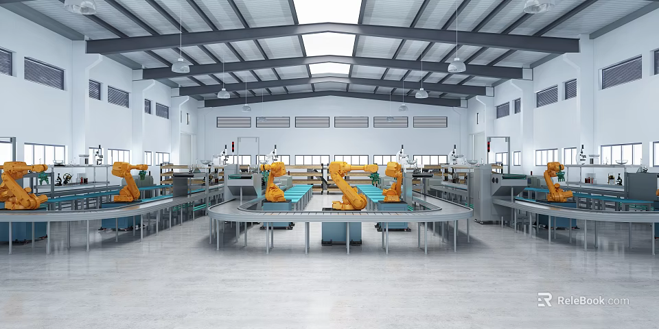 Industrial Factory Interior With Automated Robotic Arms On Production Assembly Lines 3d model 