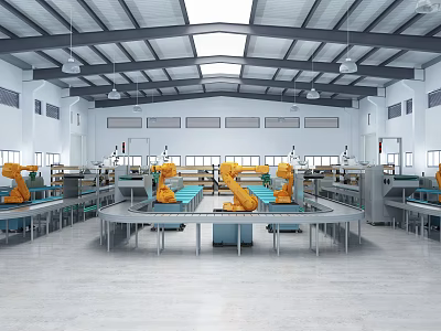 Industrial Factory Interior With Automated Robotic Arms On Production Assembly Lines 3d model