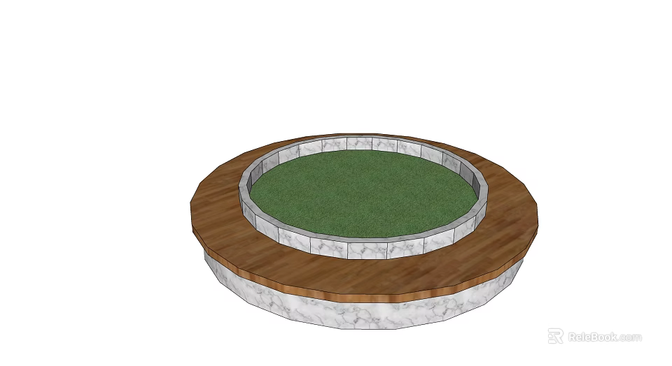 Round Tree Pit With Wooden Outer Ring Marble Inner Edge And Green Grass Center 3d model 