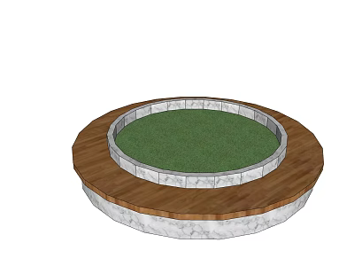 Round Tree Pit With Wooden Outer Ring Marble Inner Edge And Green Grass Center 3d model