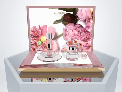Elegant Perfume And Cosmetics Set With Pink Peony Flowers Glass Bottles And Delicate Display Packaging 3d model