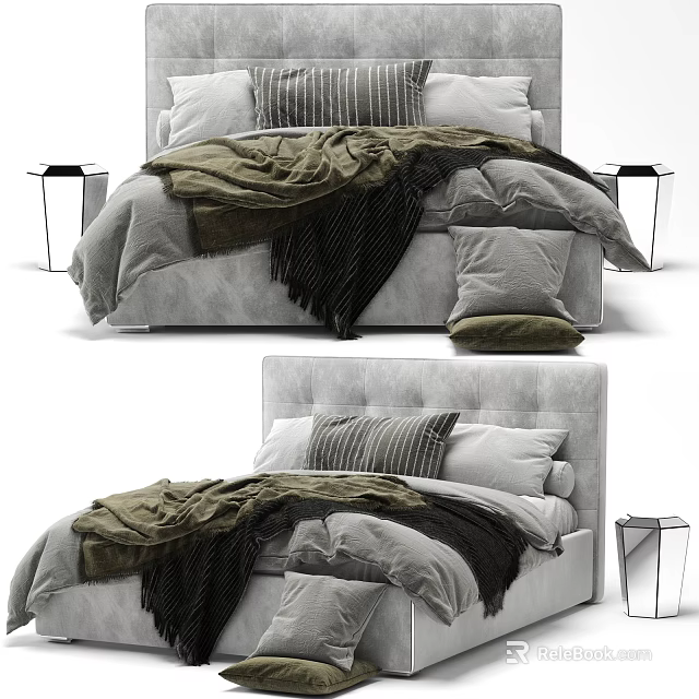 Modern Double Bed With Upholstered Headboard Gray Green Black Blankets And Throw Pillows 3d model 