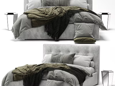 Modern Double Bed With Upholstered Headboard Gray Green Black Blankets And Throw Pillows 3d model