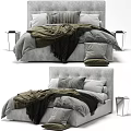 Modern Double Bed With Upholstered Headboard Gray Green Black Blankets And Throw Pillows