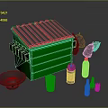 Green Storage Shed Structure With Gray Roof And Animal Figures Alongside Bottles Cups And Plate