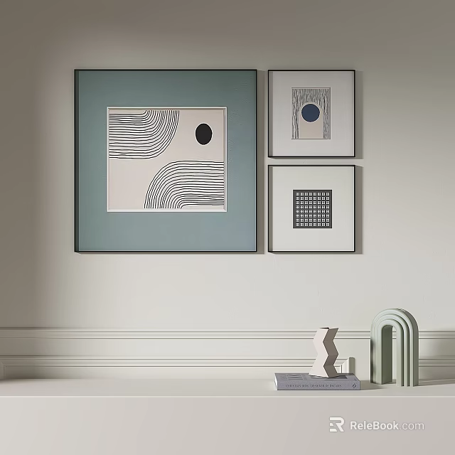 Abstract Paintings Featuring Wavy Lines Black Blue Circles Grid Pattern On Wall With Decor 3d model
