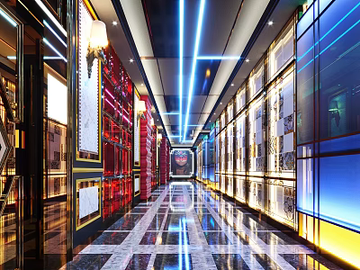 Modern Hotel Corridor Interior Design With LED Strip Lighting Decorative Walls And Polished Flooring 3d model