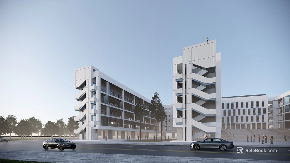 Modern School Building With Multi Storey Structure Glass Windows And Parking Lot Near Trees 3d model 