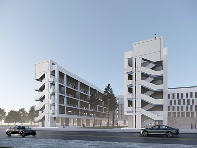 Modern School Building With Multi Storey Structure Glass Windows And Parking Lot Near Trees 3d model