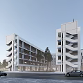 Modern School Building With Multi Storey Structure Glass Windows And Parking Lot Near Trees