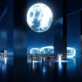 Futuristic Space With Floating Moon Spheres Data Center Racks And Hexagonal Starry Window 3d model