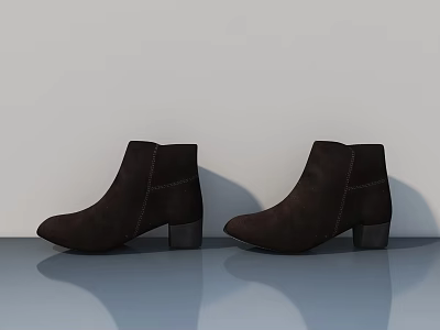 Brown Suede Ankle Boots With Block Heels And Reflective Soles On Blue Floor 3d model