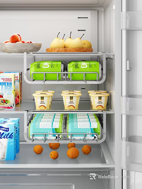 Dining Table Food Storage With Refrigerator Organizer Yogurt Cups Milk And Fruit 3d model 