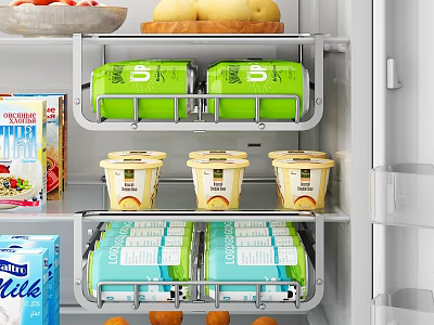 Dining Table Food Storage With Refrigerator Organizer Yogurt Cups Milk And Fruit 3d model