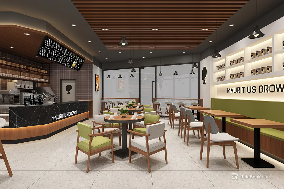 Modern Café Interior Design With Wooden Ceiling Menu Board Tables And Chairs 3d model 