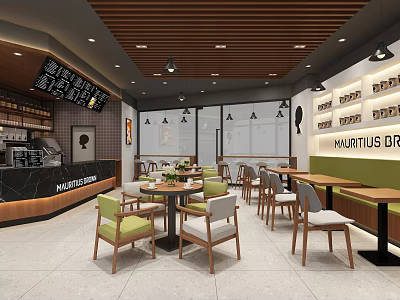 Modern Café Interior Design With Wooden Ceiling Menu Board Tables And Chairs 3d model