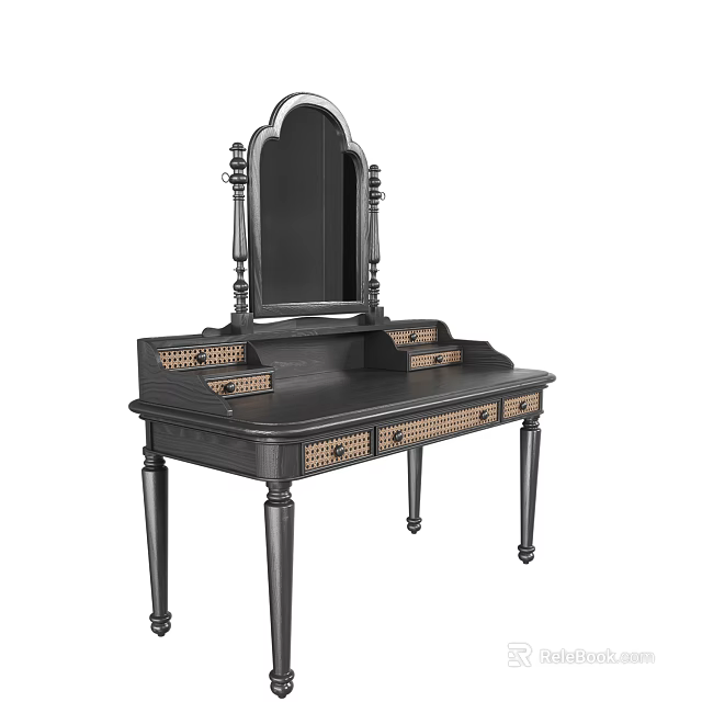 Classical Black Dressing Table With Mirror And Rattan Drawers Design 3d model