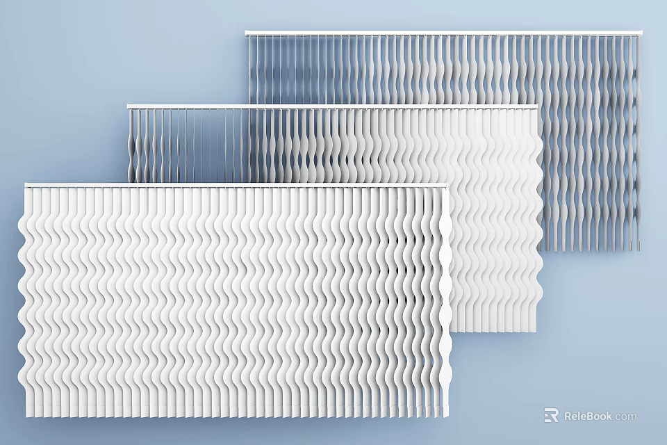 Modern Elegant White Curtains With Wavy Texture Different Designs On Light Blue Background 3d model 
