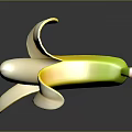 Peeled Yellow Banana With Green Stem White Flesh And Orange Peel On Dark Reflective Surface