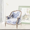 Elegant Blue and White Floral Armchair with Wooden Armrests beside Green Painting and Floor Lamp