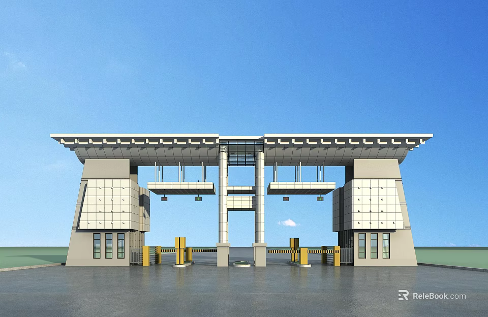 Symmetrical Gateway Entrance With Modern Architectural Design And Yellow Barriers 3d model 