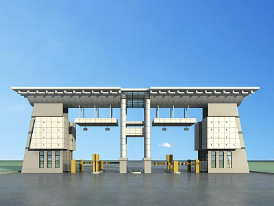 Symmetrical Gateway Entrance With Modern Architectural Design And Yellow Barriers 3d model