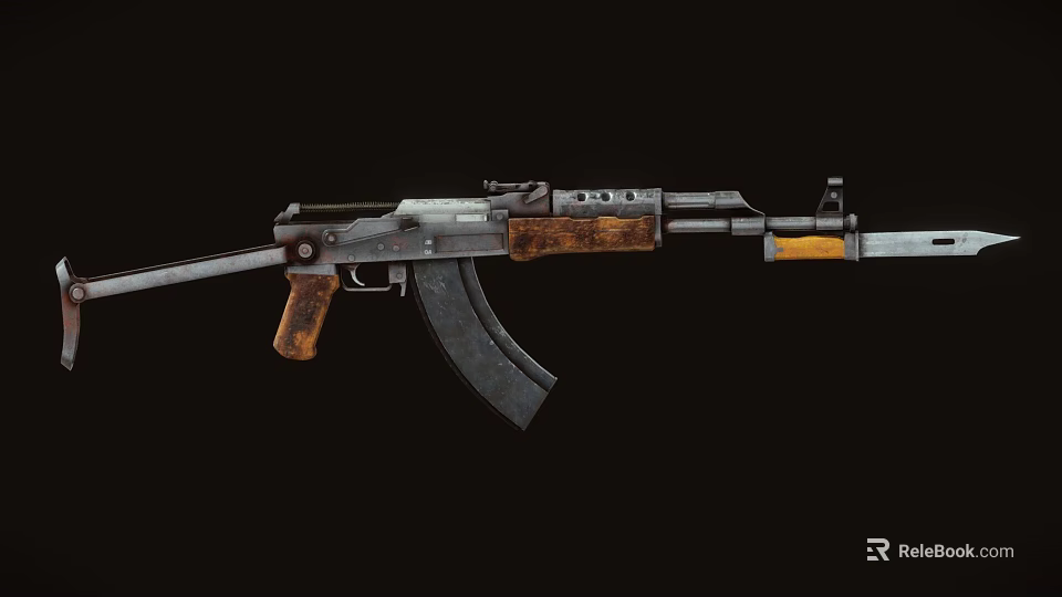 Vintage AK Style Rifle With Wooden Stock Metal Barrel And Bayonet Attachment 3d model 